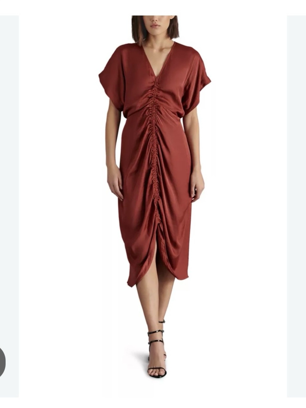 Steve Madden Ruched V-Neck Midi Dress in Rust
